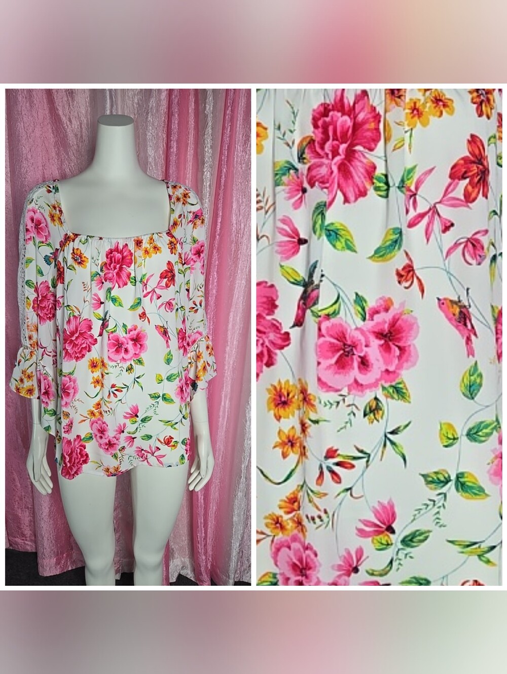 The Pioneer Woman Boho Pink Floral Bell Sleeves Tunic Top Size Large